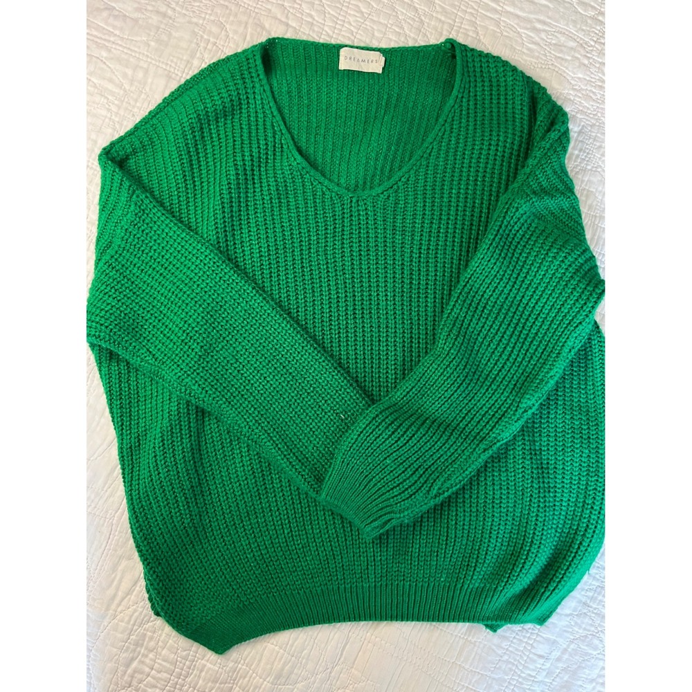 Soft Fall-holiday Dreamers Green V-Neck Ribbed Knit Oversized Sweater Women SM